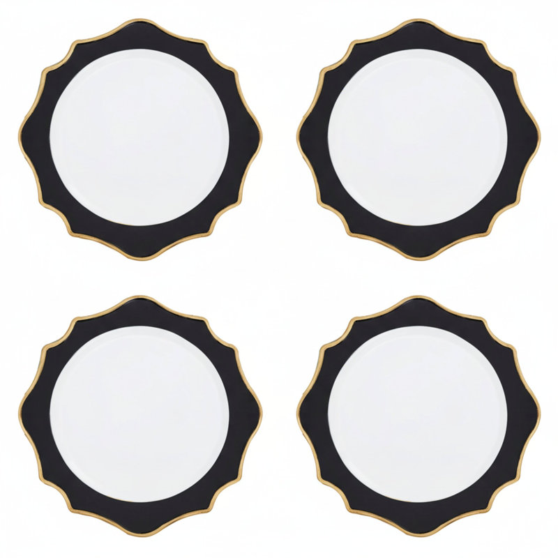 Set of 4 33cm Dia White and Black Round Charger Plates