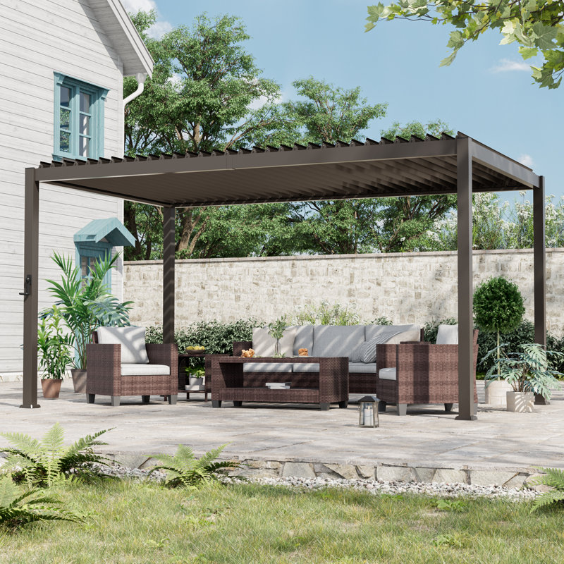 Metal Louvered Pergola with Adjustable Roof & Drainage System, All-Weather Patio Pergola for Garden, Deck, 9x14FT, Brown