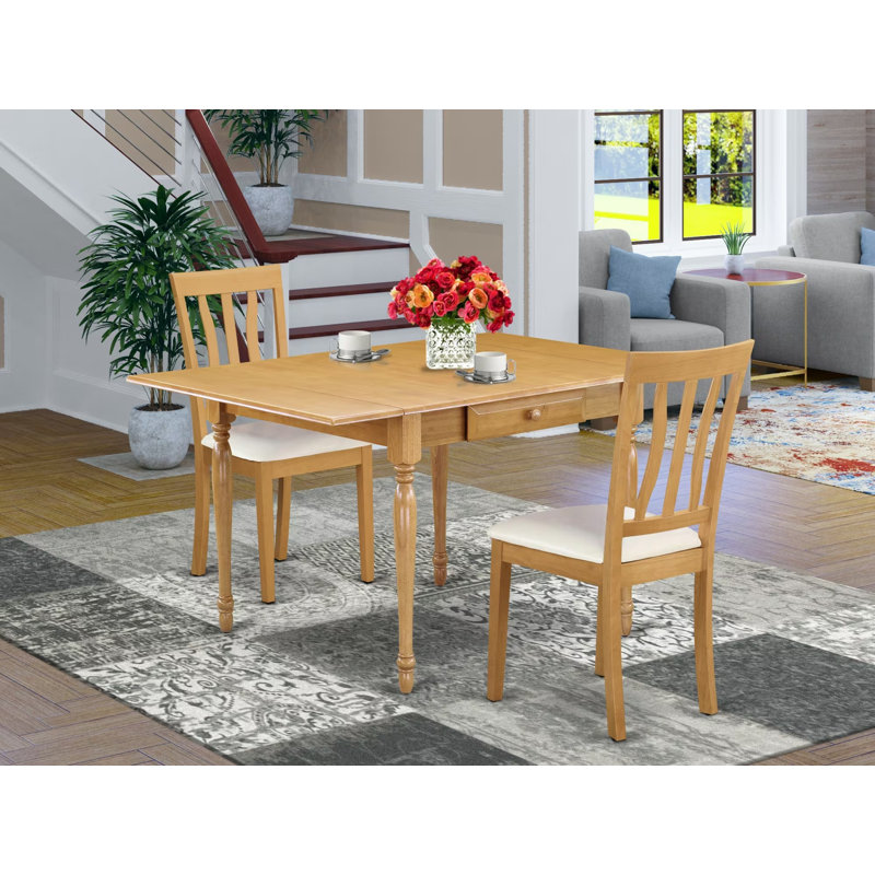 3 Piece Kitchen Table & Chairs Set Contains a Rectangle Dining Table with Dropleaf and 2 Faux Leather Dining Room Chairs, 36x54 Inch, Oak