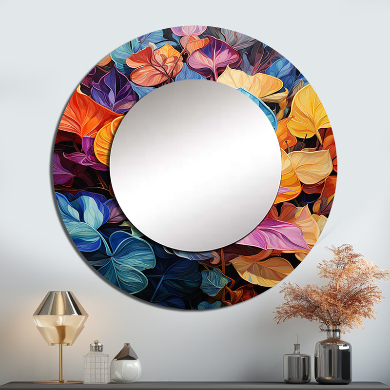 Feuilles colorées colorées - miroir à feuilles, miroir mural décoratif rond traditionnel, impression d'art en métal