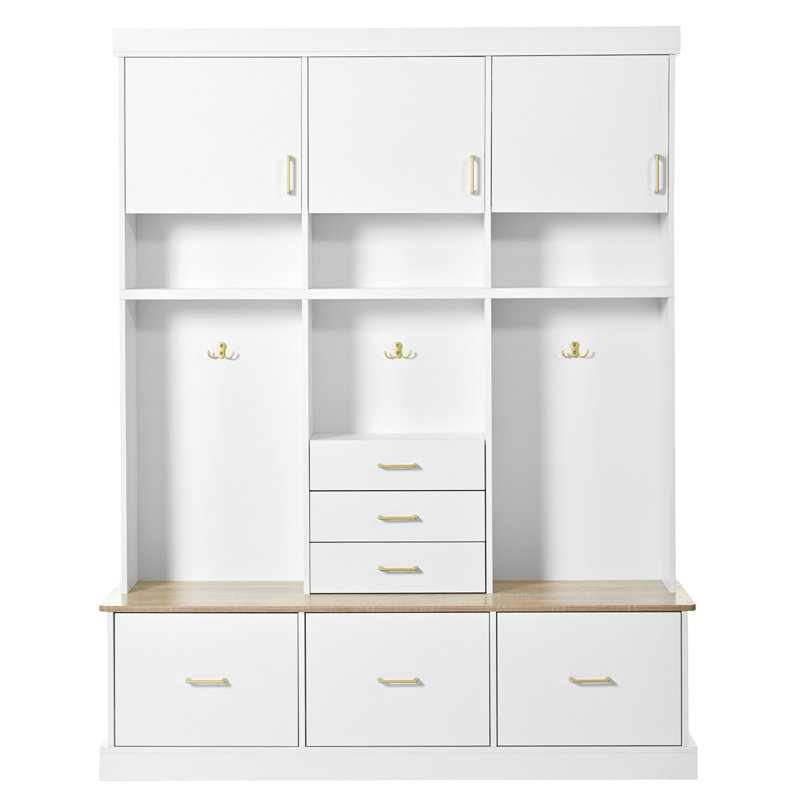 75'' H Entryway Hall Tree With Bench And Storage, 5-In-1 Modern Hall Tree With Coat Rack, 6 Drawers, 3 Cabinets And 3-Tier Top Storage For Hallway, Entryway, Living Room, Mudroom