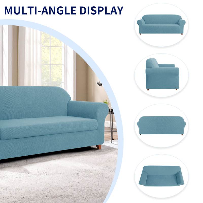Housse de canapé en jacquard 2 pièces, housse extensible en polyester et spandex pour le salon, protection facile à installer et lavable (causeuse, bleu acier)