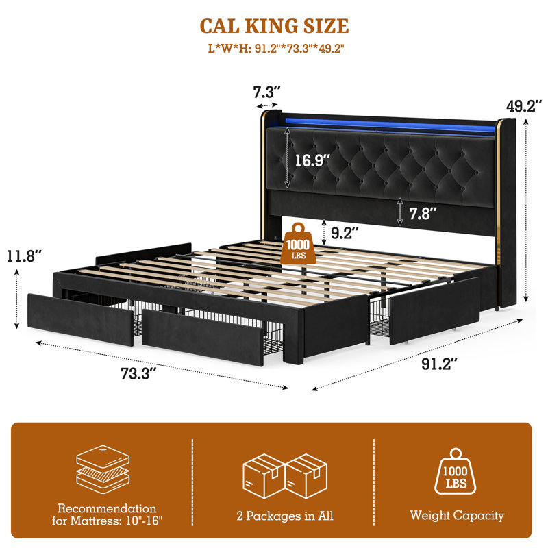  49.2" Tall California King Bed Frames With 4 Drawers, Velvet Upholstered Cal King Platform Bed With Wingback Storage Headboard, Led Lights & Charging Station, No Box Spring Needed, Black