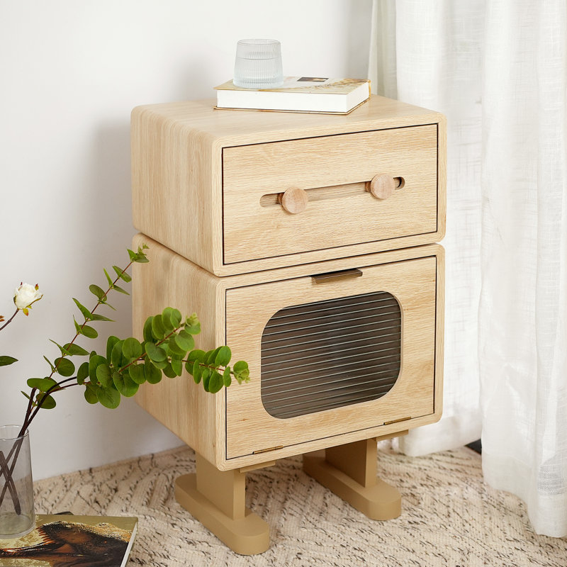 Table d'appoint multi-usages en forme de robot avec couleur naturelle, fonction rotative et structure d'air pour le salon Armoire en verre rotatif fini, tiroir pratique, base de circulation d'air