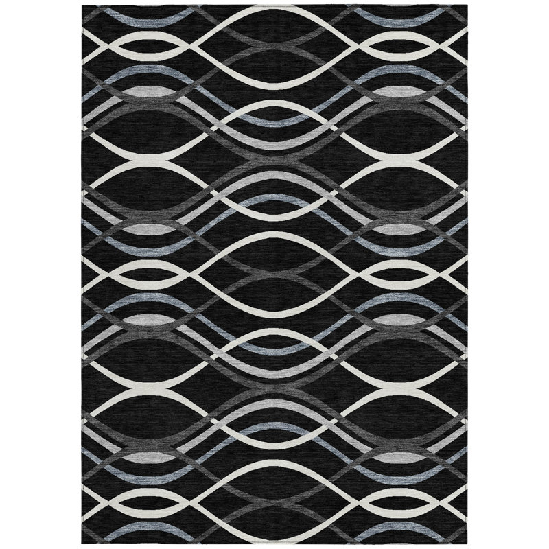 Tapis extérieur lavable abstrait gris et ivoire 5 pi x 8 pi noir
