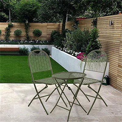 Green 3 Piece Outdoor Patio Furniture Set For The Garden 2 Folding Chairs With Folding Bistro Table Modern ''Punched Daisy'' Patterned Design Stainless Steel Coated For Balcony Conservatory