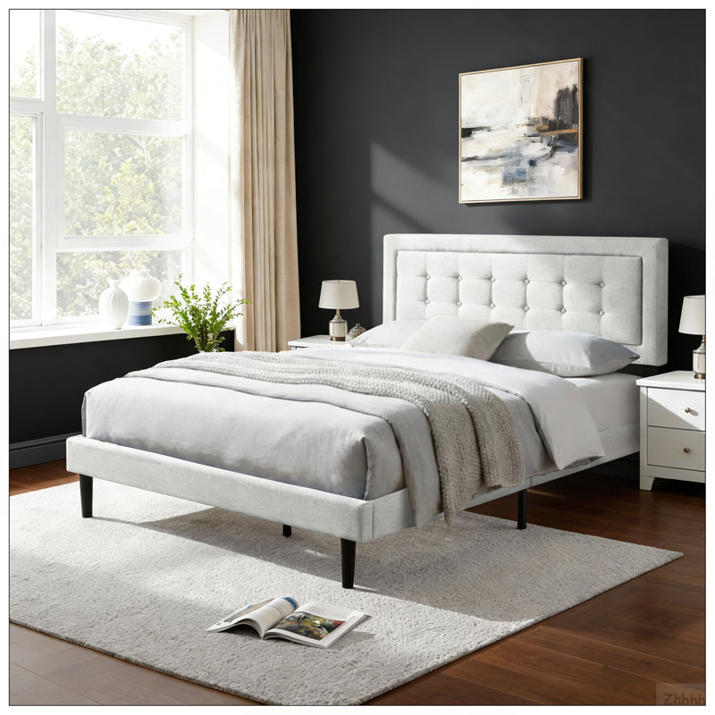 Grand lit plateforme tapissier, cadre de chambre à coucher facile à assembler, gris clair, Gris clair