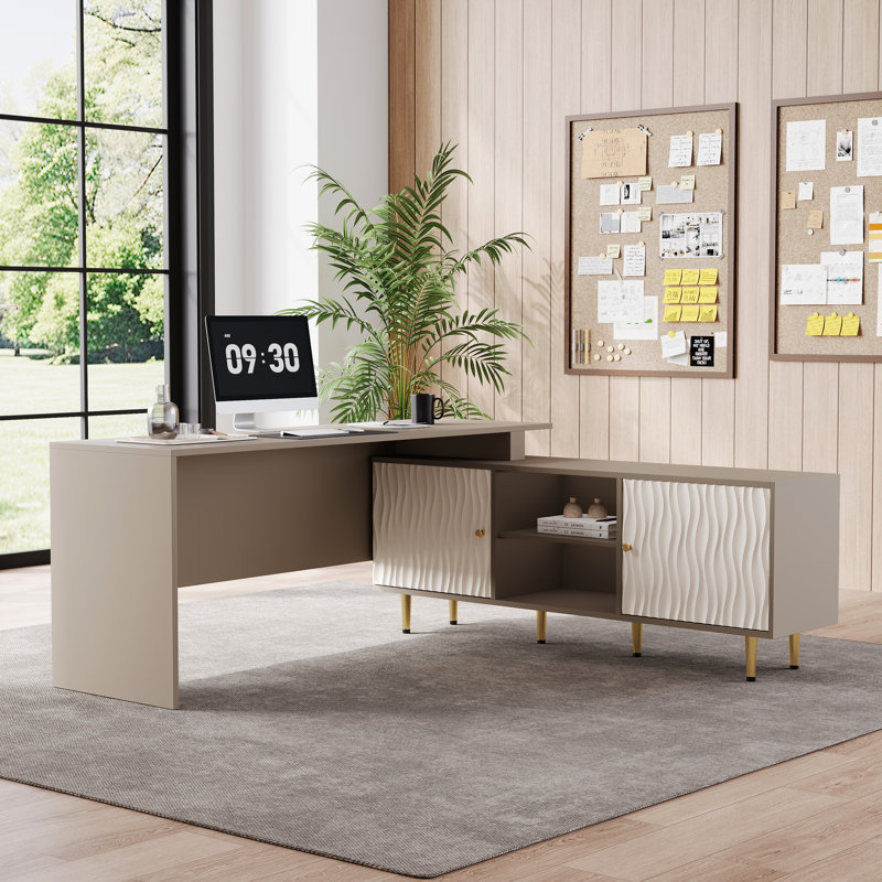 Home Office Extendable Desk With Storage Cabinet Adjustable To L-shape For Writing Dressing