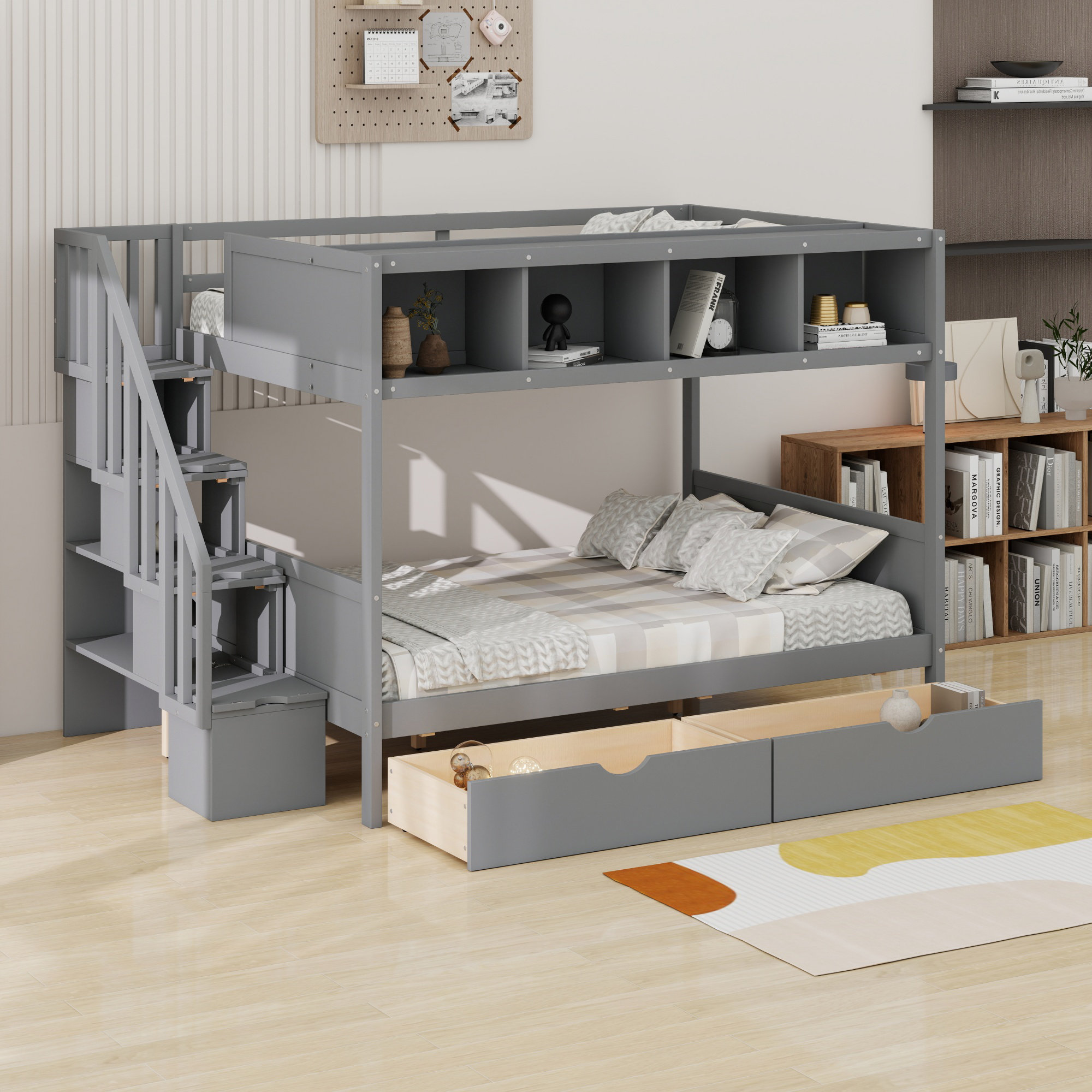 Harriet Bee Bunk Bed With Shelfs, Storage Staircase And 2 Drawers | Wayfair