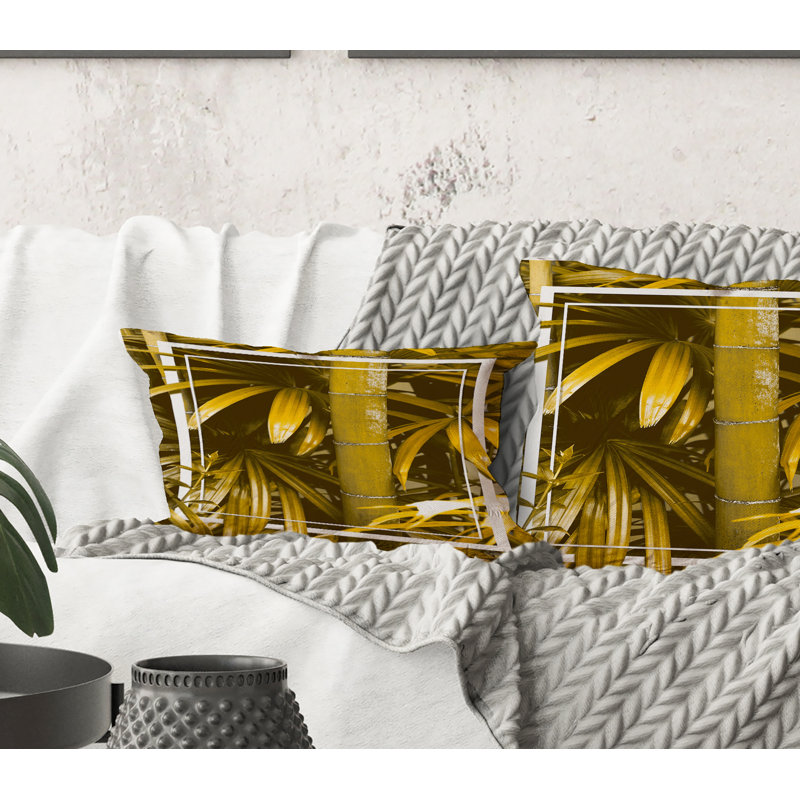 Rectangle, bambou jaune et feuilles tropicales - Coussin décoratif imprimé tropical