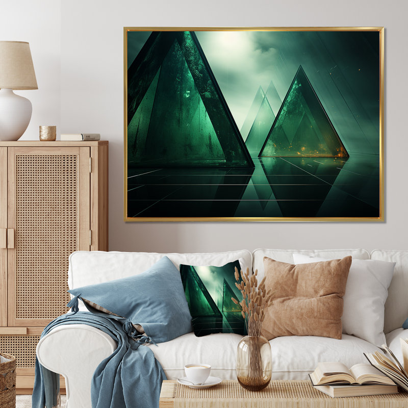 «Green Abstract Echoes Of Piramid IV», art mural géométrique, Cadre flottant doré, H 16 po x l 32 po x P 1 po