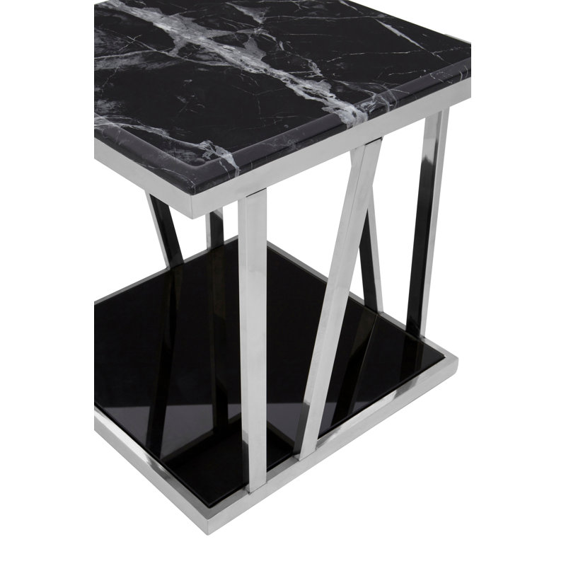 Silver Side Table With Black Marble Top