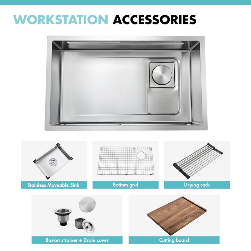ATTOP 32 Inch Workstation Undermount Single Bowl Kitchen Sink With Sliding Accessories