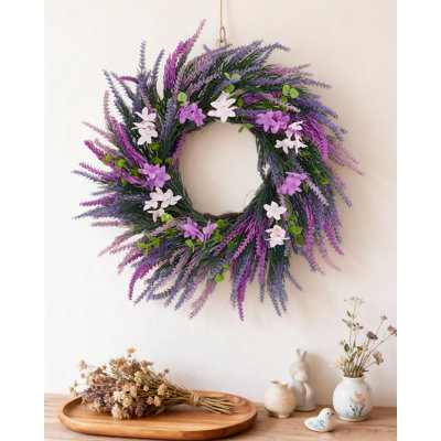Couronne d'eucalyptus et de lavande de 20 pouces pour la porte d'entrée, couronne de printemps artificielle d'été pour mur de fenêtre de porche, couronne de porte de verdure pour décor de maison de campagne, intérieur extérieur toutes saisons