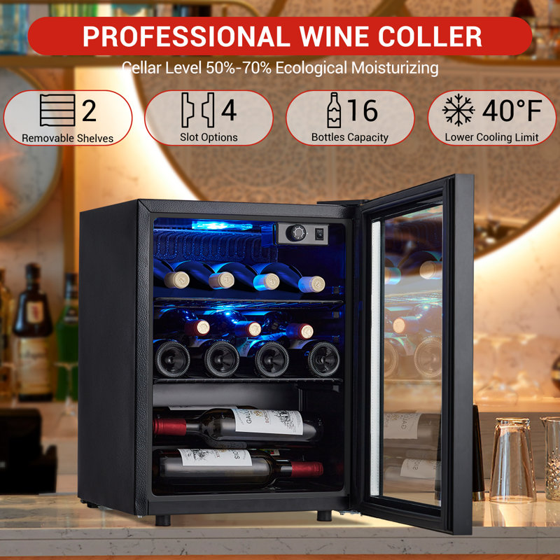 Réfrigérateur à vin pour 16 bouteilles, plage de réglage de la température du petit refroidisseur à vin de 40 à 61 ° F, mini réfrigérateur à vin autoportant pour cuisine à domicile, bar, cave à vin pour rouge, blanc et champagne