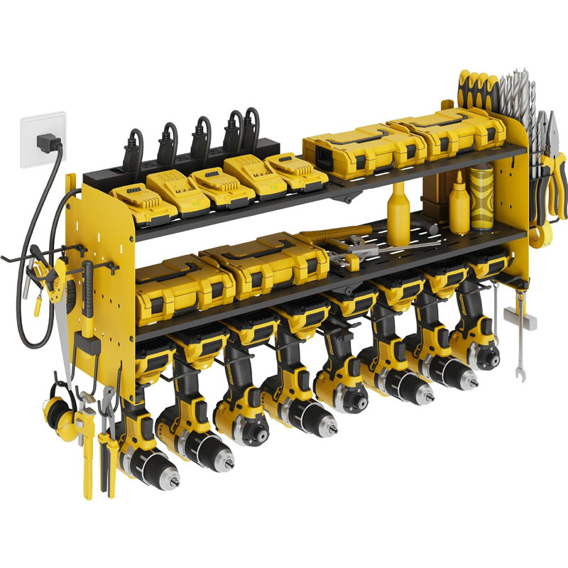 Power Tool Organizer with Charging Station Garage 8 Drill Holders Wall Mount with 8 Outlets, Yellow