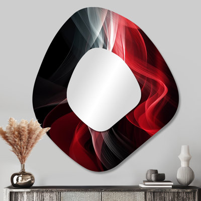 Red Black Contemplative Abstraction VI - Waves Asymmetrical Large Wall Mirror, Red Unique Shape Decorative Mirror, Printed Metal Art