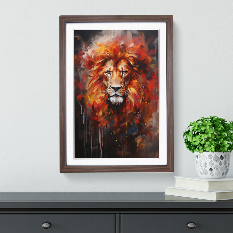 Lion Modern No.3 - Single Picture Frame Print on Wood, Walnut Framed, 34cm H x 25cm W x 2cm D
