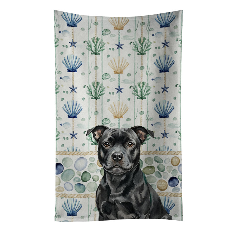 Black Staffordshire Bull Terrier Coastal Sea Glass Kitchen Towel, Black Staffordshire Bull Terrier
