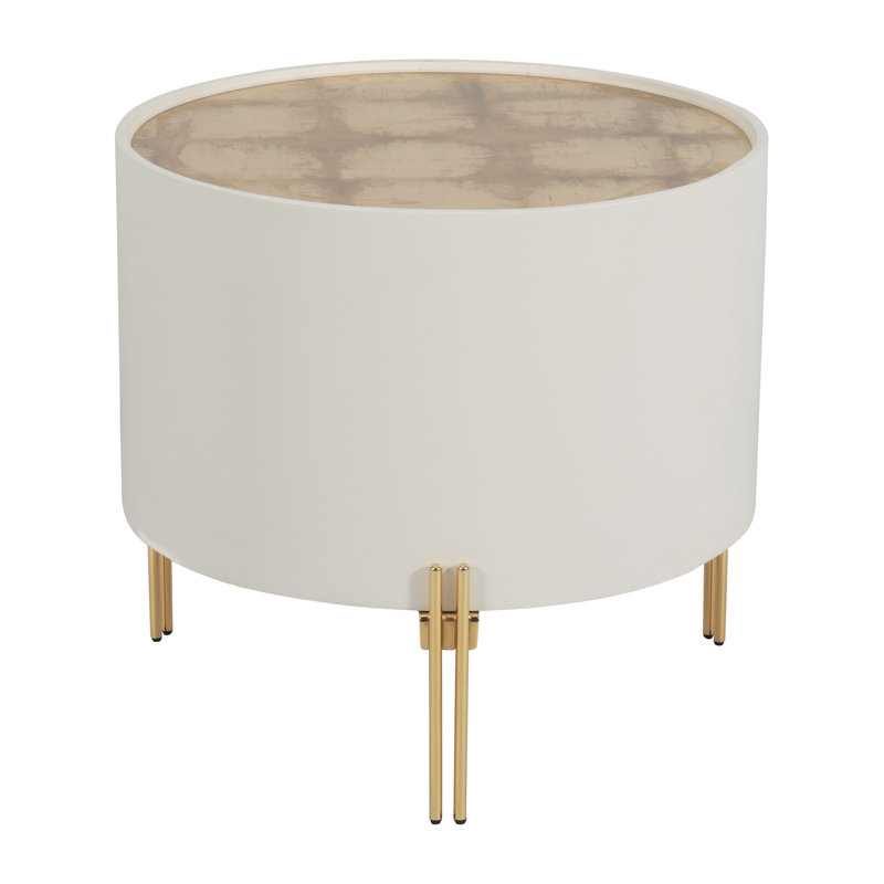 Wood Glass Acrylic Accent Table with Modern Glam Round Design, White, 21" H x 24" L x 24" W