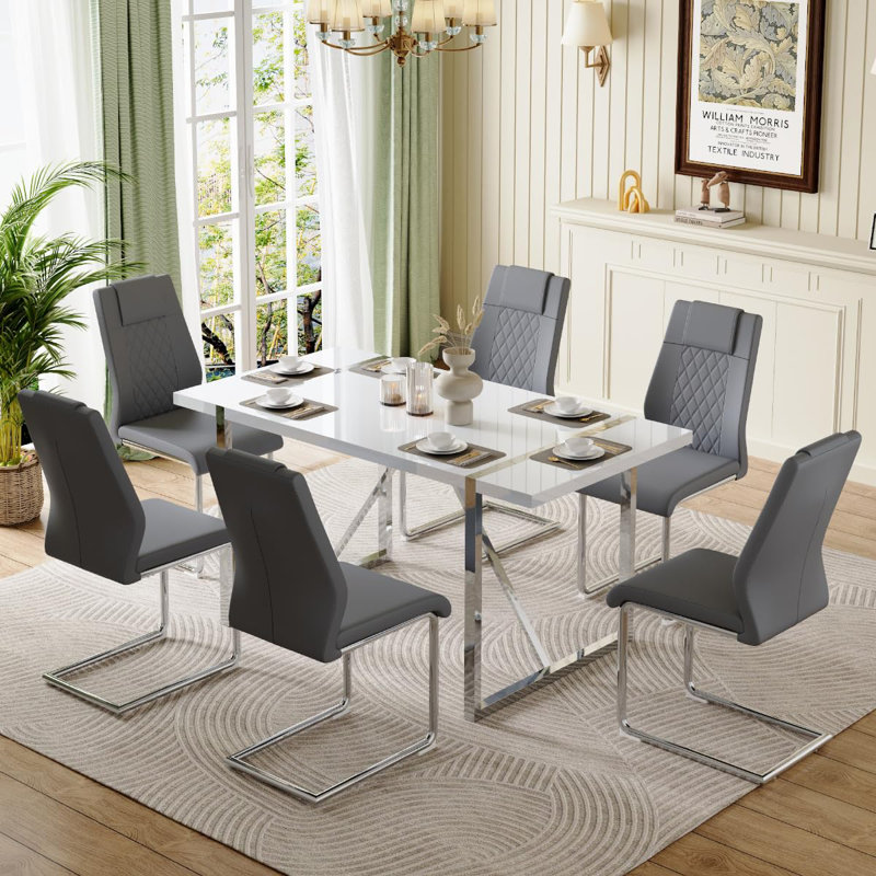 Ensemble de salle à manger rectangulaire L 31,5 po x l 55,12 po Minday, Gris/argent, Argent argent, 7