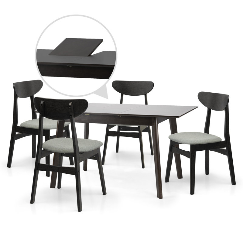 Ensemble de table de salle à manger 5 pièces, 4 chaises Yumiko en bois massif avec table de salle à manger rectangulaire extensible, ensemble de cuisine pour 4 personnes, ensemble de salle à manger