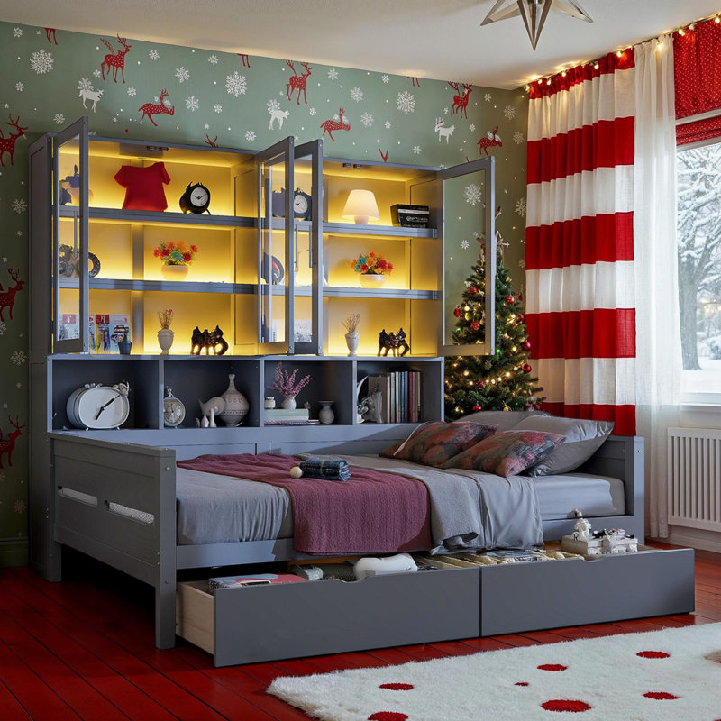 Lit de jour en bois avec armoire en verre et lueur DEL, Complet/Double, Gris