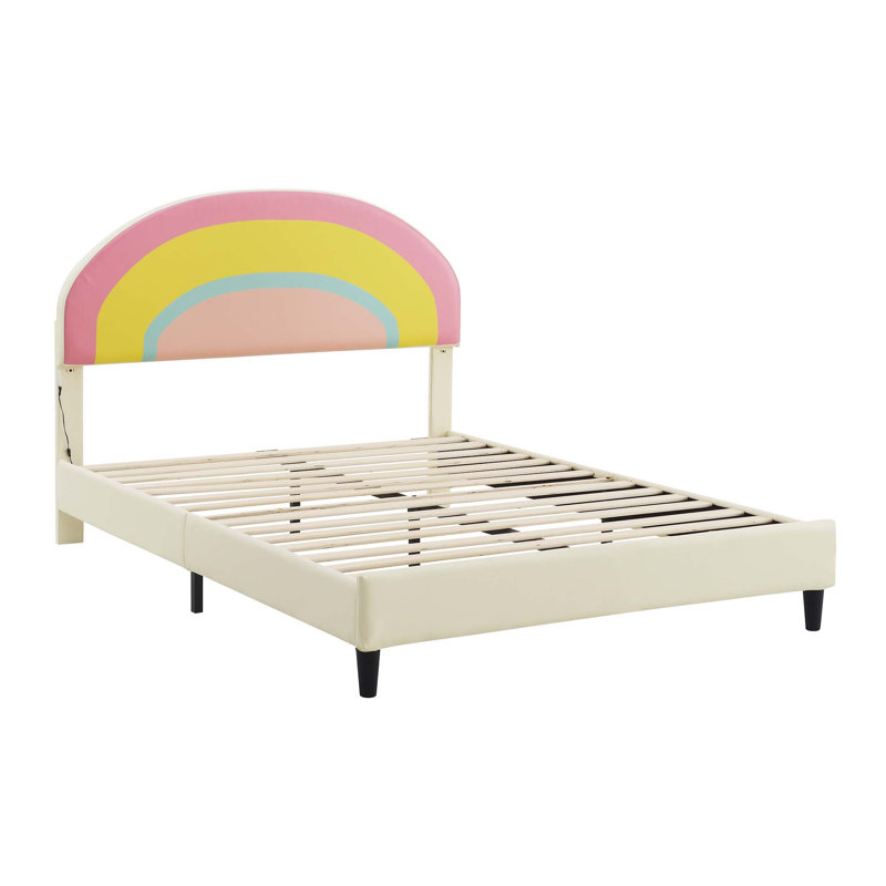 Full Size Upholstered Platform Bed With Rainbow Shaped And Height-Adjustbale Headboard,LED Light Strips