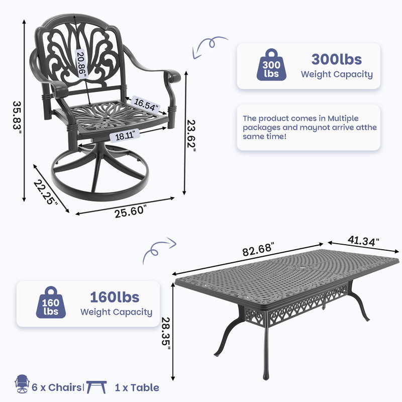 Ensemble de salle à manger 7 pièces en fonte d'aluminium pour patio, table rectangulaire de L 82,68 po avec trou pour parasol et 6 chaises pivotantes avec coussins bruns