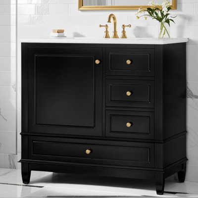 Meuble-lavabo de 36 po avec lavabo et tiroirs, meuble-lavabo autoportant avec plateau en céramique et support de porte, panneau de fibres à densité moyenne et base en bois massif, meuble-lavabo moderne avec trous de robinet de 4 po pour la salle de bai