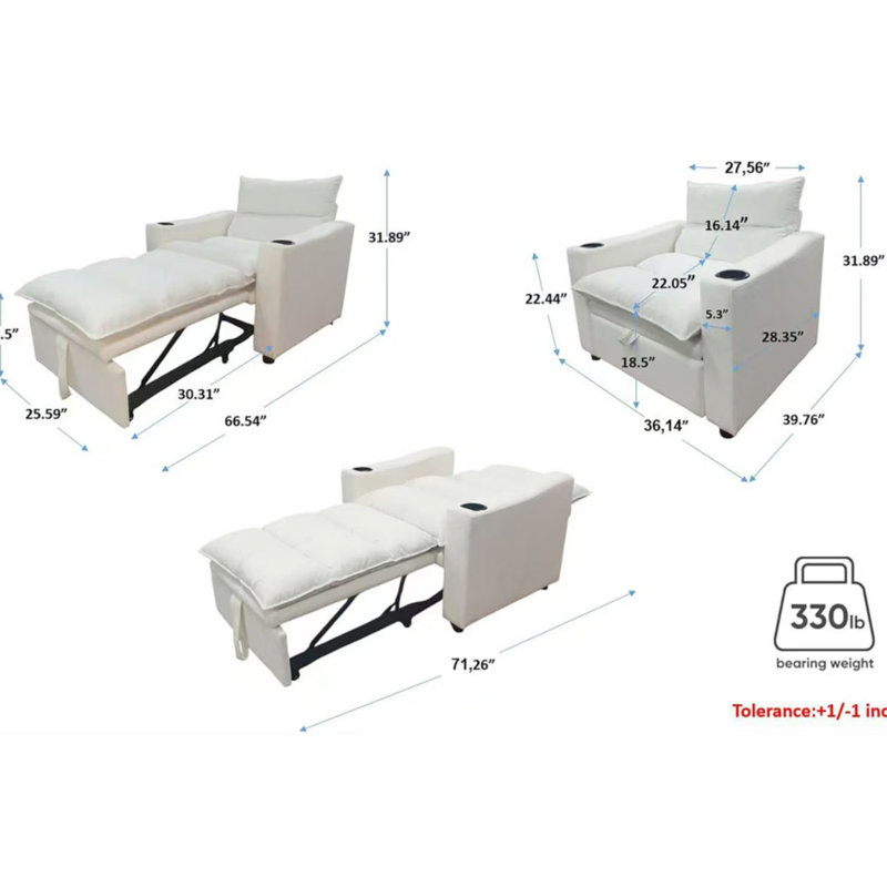 31 Convertible Adjustable Sleeper Chair Bed With Beige Velvet For Small Apartment Space, Frame, Comfortable Strong, Beige