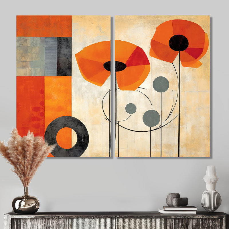 «Bold Orange Cubic Flowers», art mural moderne corail, 36" H x 48" W, Framed Wrapped Canvas, Does Not Apply