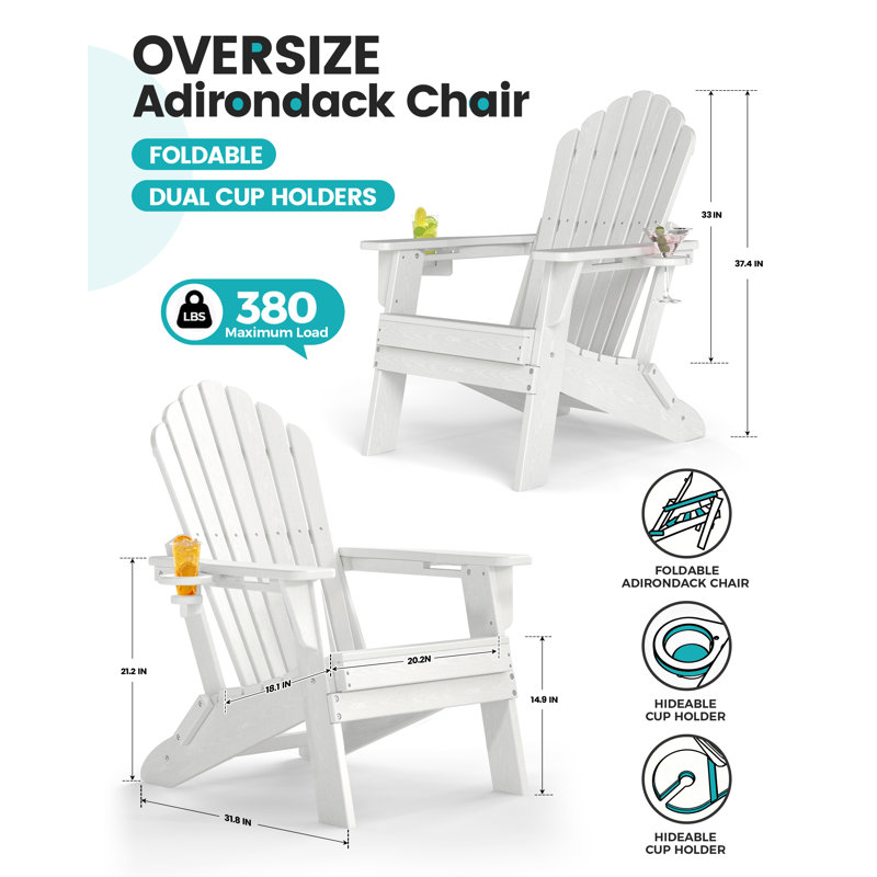 3-Piece Folding Adirondack Chair Set in HDPE with Built-In Cup Holders for Outdoor Use, White