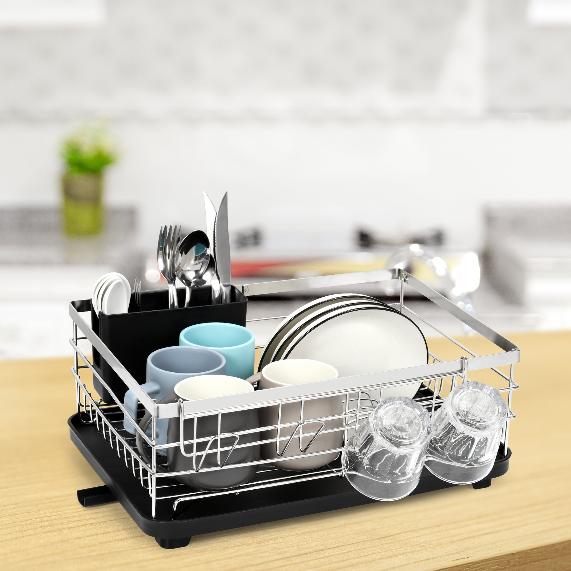 HUFTGOLD Dish Drying Rack, Steel Dish Drainer with Utensil Holder, Kitchen Countertop Organizer with Drying Tray, Black