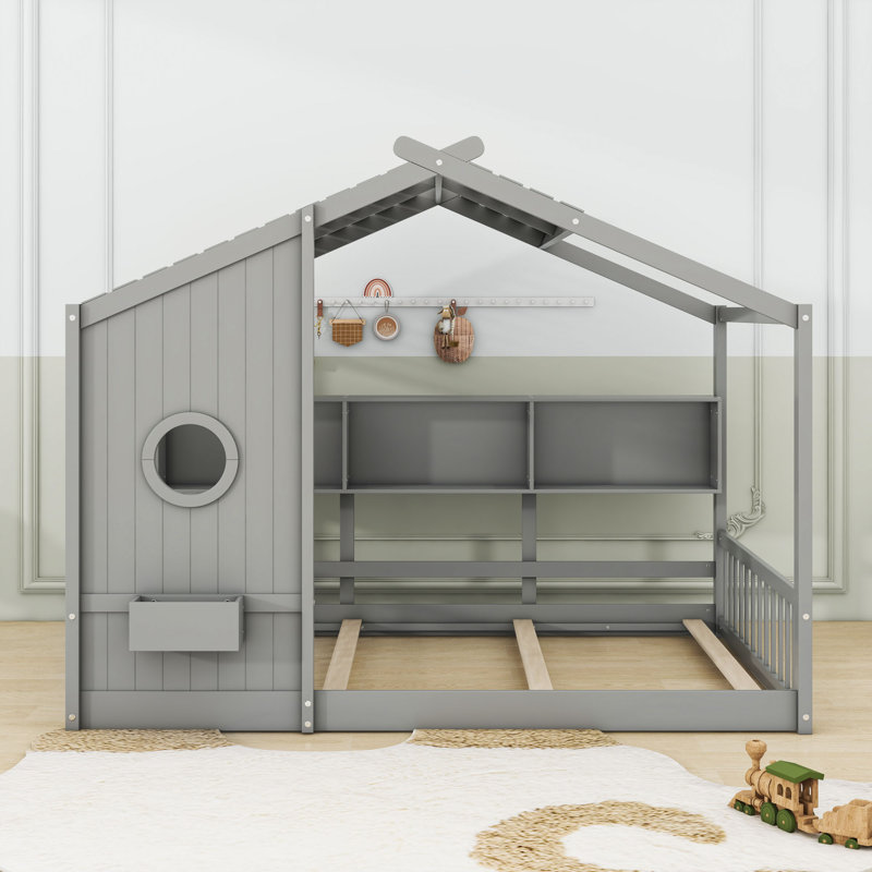 Lit maison en bois avec tablette de rangement, gris, Complète
