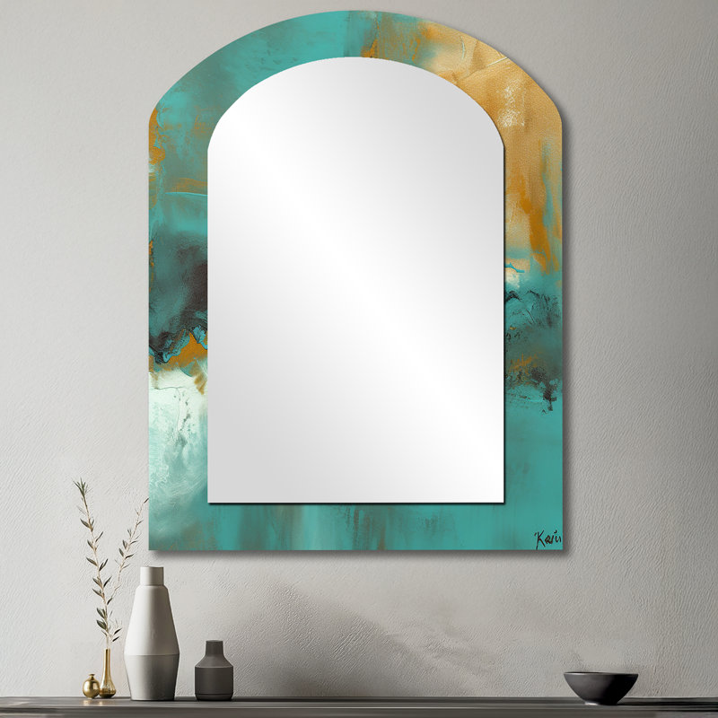 Becoming the Ocean Sun Abstract Teal And Gold III - Abstract Painting Asymmetrical Decorative Mirror, Gold Arch Wall Mirror, Printed Metal Art