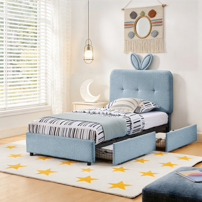 Upholstered Bed Frame with LED Lights and Bunny Ear Headboard, Kids Boucle Platform Bed with 4 Storage Drawers, Weight Capacity 300 lbs, No Box Spring Needed, Navy, Twin