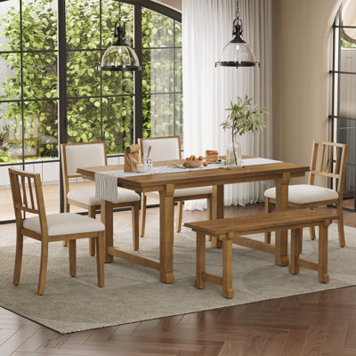6-Piece Farmhouse Dining Set for 6,Dining Room Sets with Solid Wood Legs and Frame, Ergonomic Dual-Style Chairs