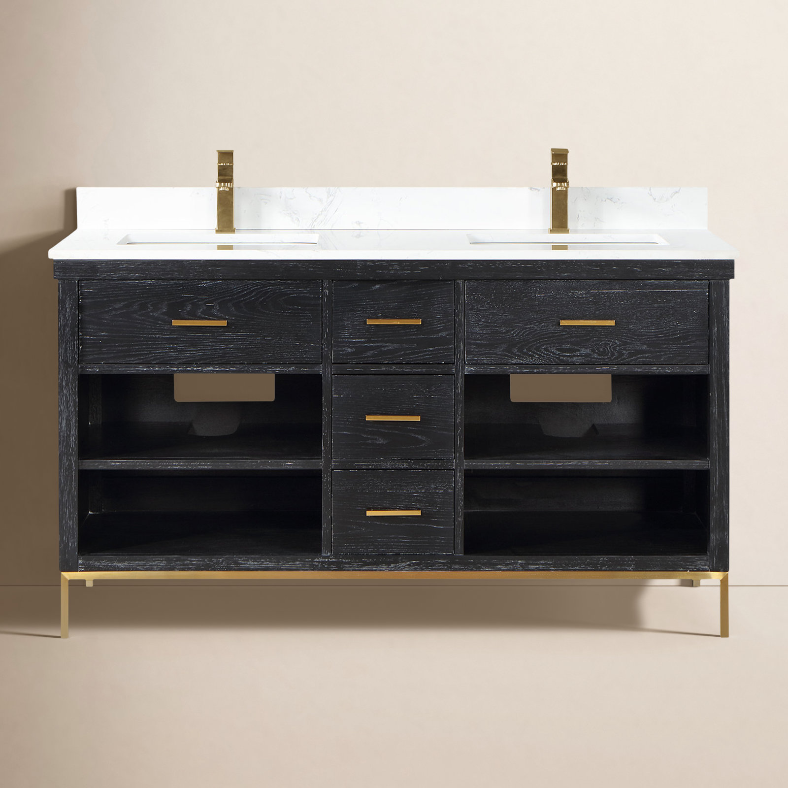 Kesia 60'' Double Bathroom Vanity, Black, Gold