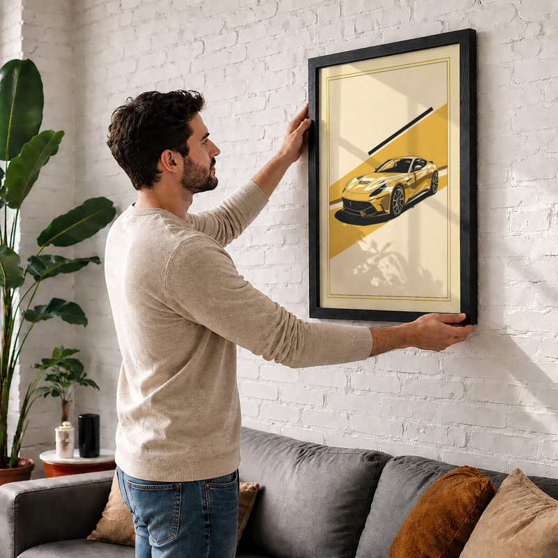 Yellow Sports Car Modern - Framed Print, A1 - 84.1 x 59.4 cm, Walnut