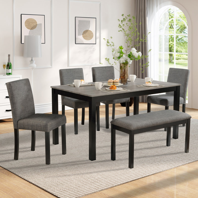 Ensemble de table de salle à manger 6 pièces avec banc et chaises, Gris clair, Gris clair, Noir