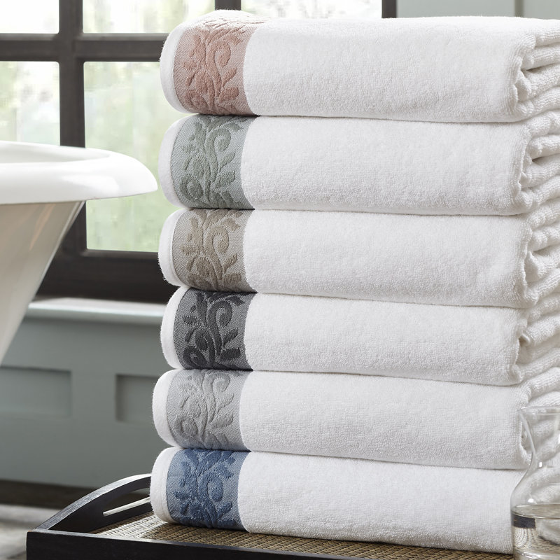 Charcoal and White Cotton 6-Piece Towel Set with Jacquard Border