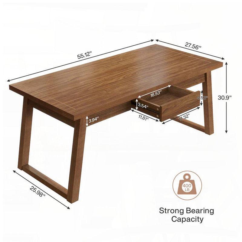 Table de salle à manger rectangulaire avec tiroir et pieds en bois massif - 55 po x 27,6 po, sièges 4-6