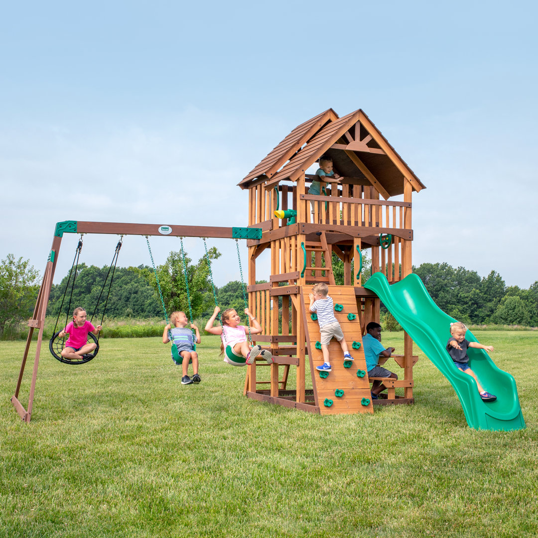Backyard Discovery Highlander Cedar Wood Swing Set with Wave Slide, Three-Story Clubhouse, Rock Wall, and Picnic Table Backyard Discovery