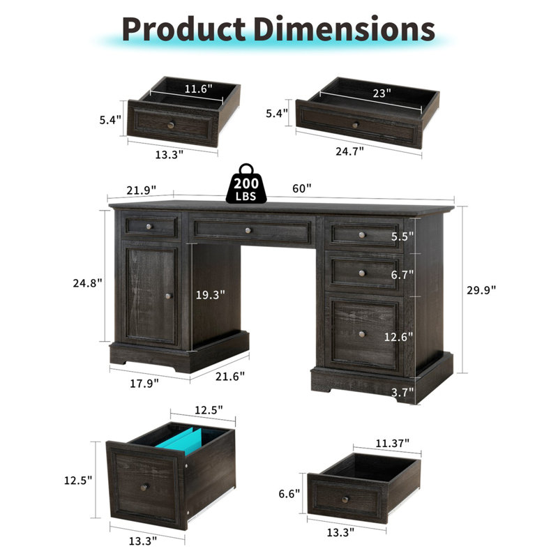 Bureau de direction 60 po avec tiroirs et classeur Farmhouse, Noir / Noir
