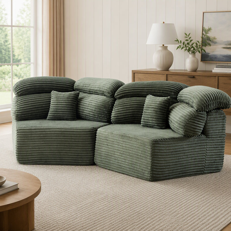 Fauteuil lounge modulaire pentagonal avec coussins enveloppants, L 68 po, Velours côtelé vert