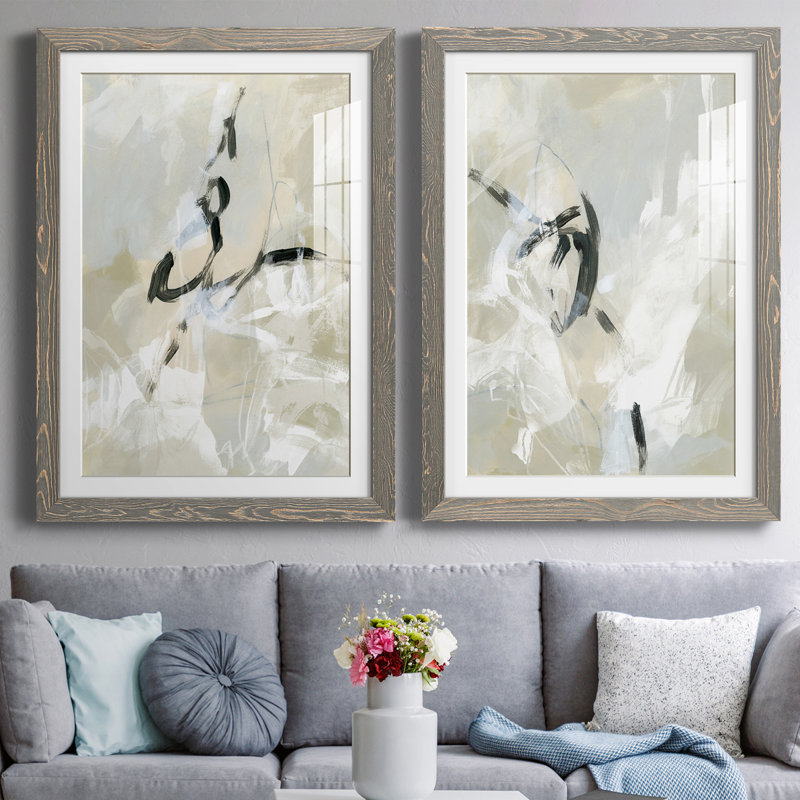 Scribble Veil I - ensemble de 2 peintures encadrées, H 20 po x l 34 po x P 1,5 po, Gris