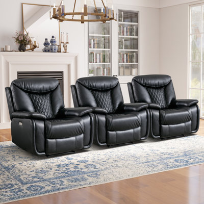 40.6" Wide Modern Diamond Home Theater Recliner With Power Button And USB (Set of 3)