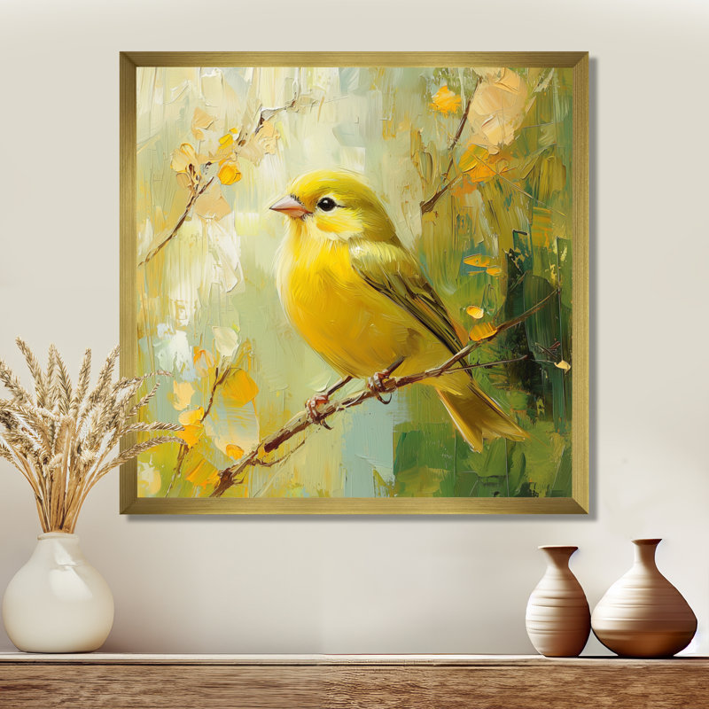 Oiseau pinson dans la brise de forêt I - oiseau, art mural, H 16 po x l 16 po, Picture Framed, Doré
