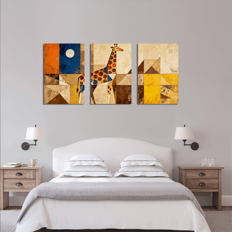 Tableau abstrait géométrique de girafe sur toile tendue (lot de 3), H 18 po x l 36 po